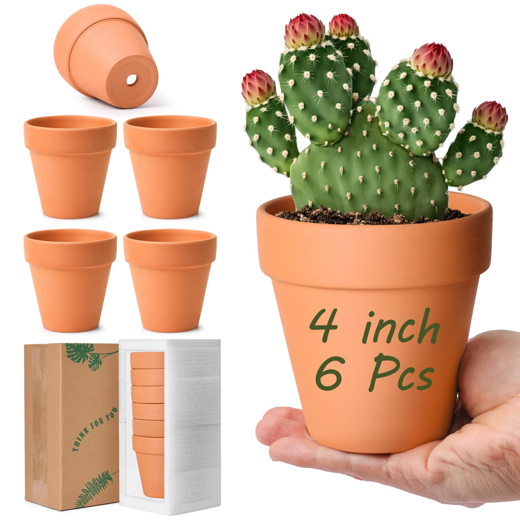 T4U 10.5CM Terracotta Clay Pots Pack of 6 - Small Craft Nursery Plant Pot Water Permeable Succulent Cactus Pottery Planter DIY Home Office Desktop Windowsill Ornament Decoration Wedding