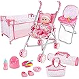 deAO Baby Doll Stroller Crib Bed Nursery Role Play Set Baby Doll Accessories and Play Mat,Travel Cot,Bouncer,Foldable Stroller and Travel Bag Birthday for Girls Boys Kids