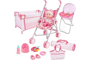 deAO Baby Doll Stroller Crib Bed Nursery Role Play Set Baby Doll Accessories and Play Mat,Travel Cot,Bouncer,Foldable Stroller and Travel Bag Birthday for Girls Boys Kids