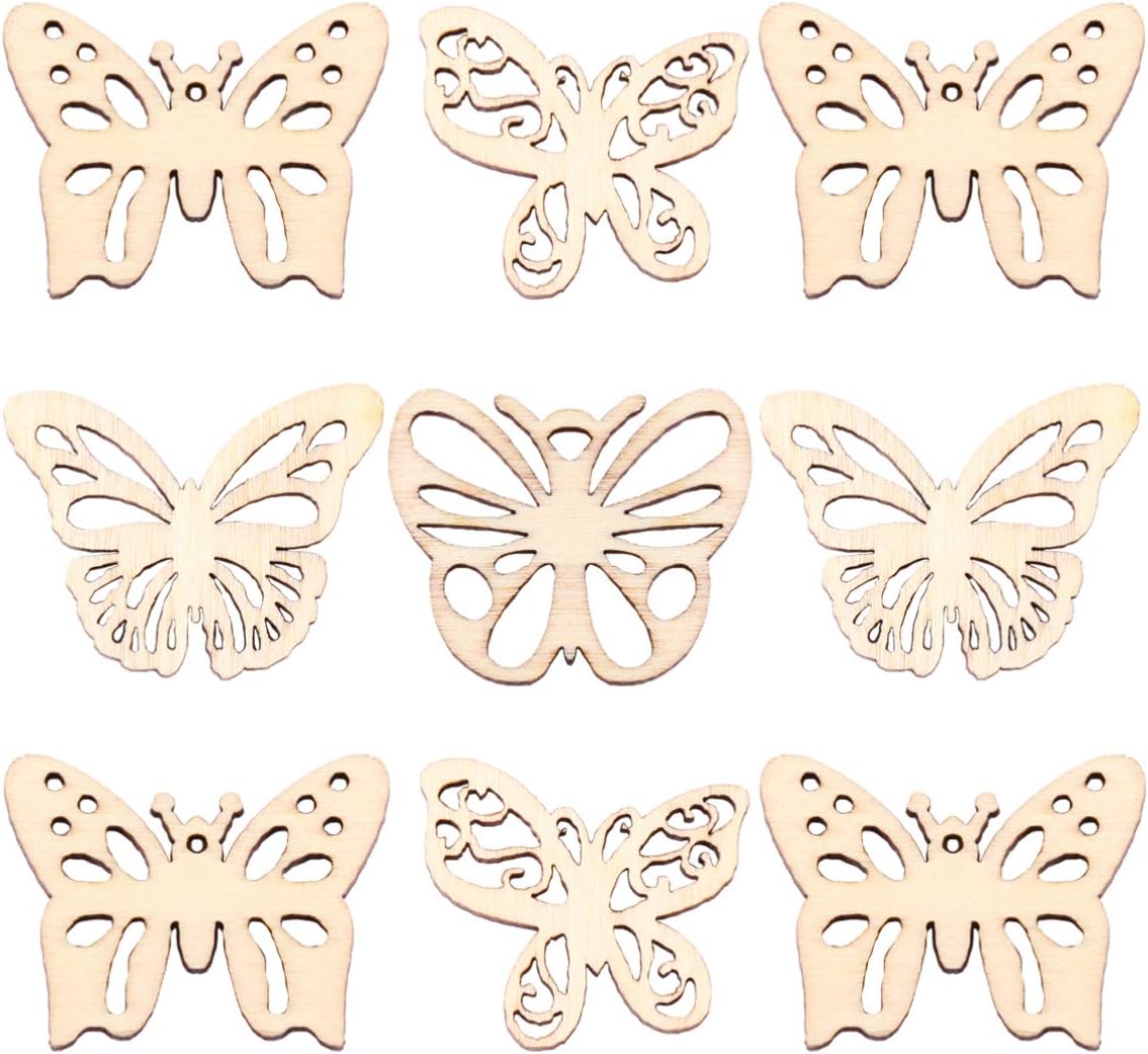 100PCS Butterfly Wooden Cutouts Embellishments Wooden Shape Craft Slices Decoration Ornament for Baby Shower Kids Birthday Wedding