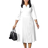 Elegant Church Dresses for Women 2025 3/4 Sleeve Vintage Ruffle A-line Pleated Dress V Neck Business Casual Work Outfits