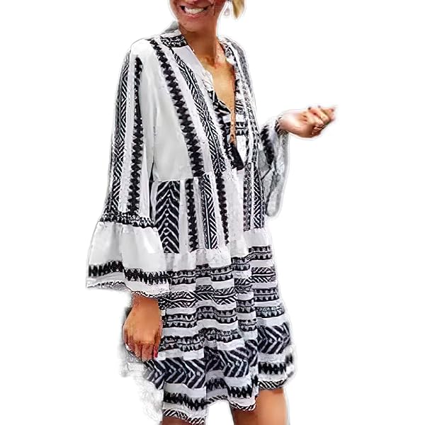 Women's Boho Maxi Dress 2025 - Long Sleeve V Neck Striped Beach Vacation Dress