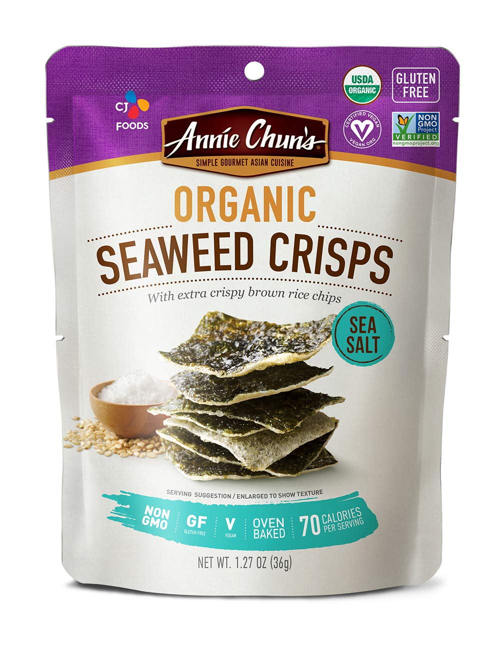 Annie Chun's Organic Seaweed Crisps, Sea Salt, Non-GMO, Gluten-Free, Oven-Baked, 1.27-Oz (Pack Of 10), Sea Salt, 10Count