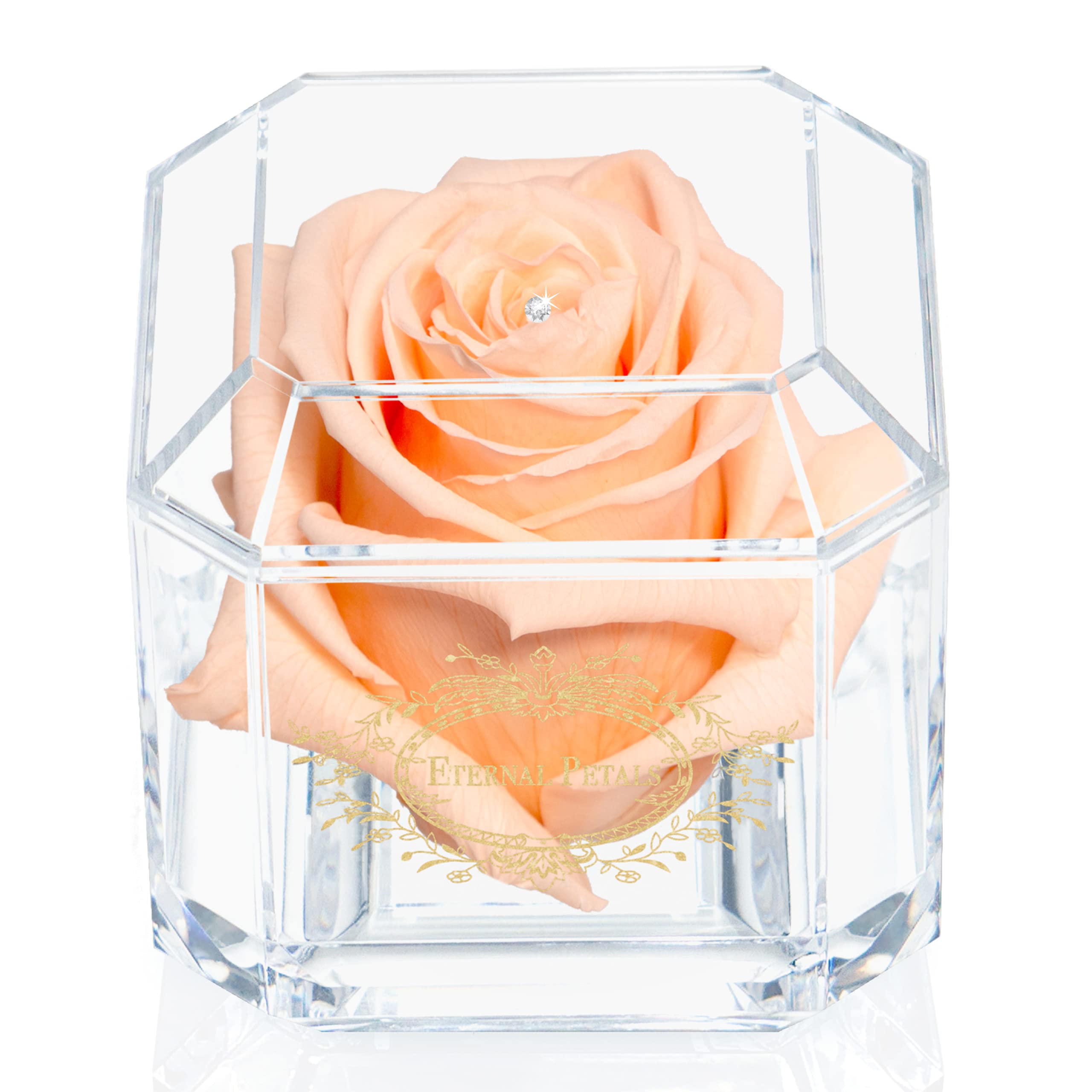 A 100% Real Rose That Lasts Years - Eternal Petals, Handmade in UK – Gold Solo with A Multicolour Crystal (Delicious Peach) — image 1