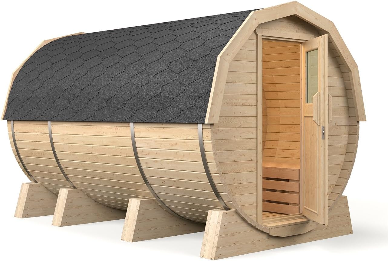 Fasssauna M3 Deluxe 3,60m, Espe-Saunaholz bei Allen Innensitzbänken