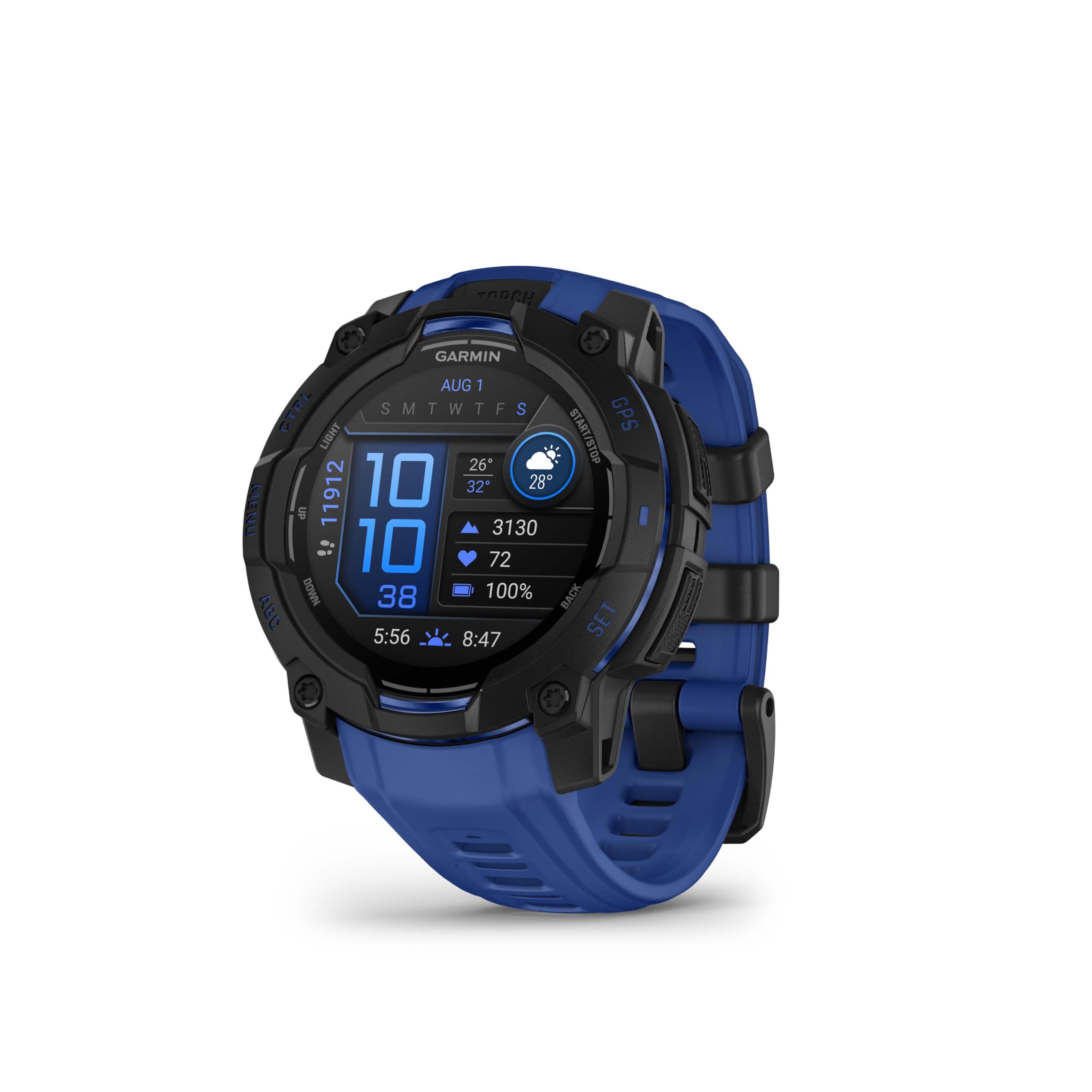 Garmin Instinct® 3 – 45 mm, AMOLED Display, Rugged Outdoor GPS Smartwatch, Built-in Flashlight, Supernova Collection Limited Edition Color, Black with Bolt Blue/Black Silicone Band Image