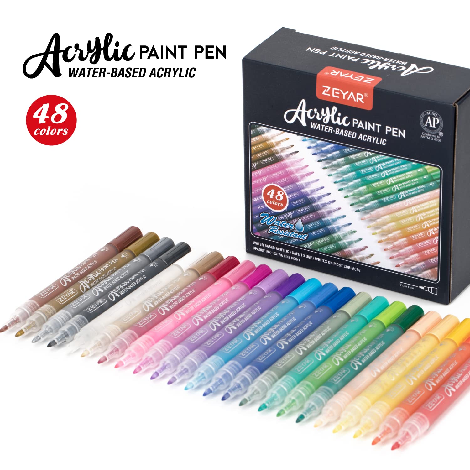 ZEYAR Acrylic Paint Pens, Expert of Rock Painting, Extra Fine, 48 Colors, AP Certified, Permanent&Waterproof Ink, Works on Rock, Wood, Glass, Metal, Ceramic and nearly All Surfaces (48 Colors)