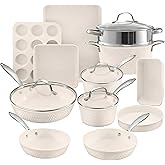 Gotham Steel Hammered 15Pcs Ceramic Cookware Set Nonstick, Induction Pots and Pans Set Non Stick with Bakeware Set & Steamer for Cooking, Non Toxic PFOA PFOS Free, Oven & Dishwasher Safe, Cream White