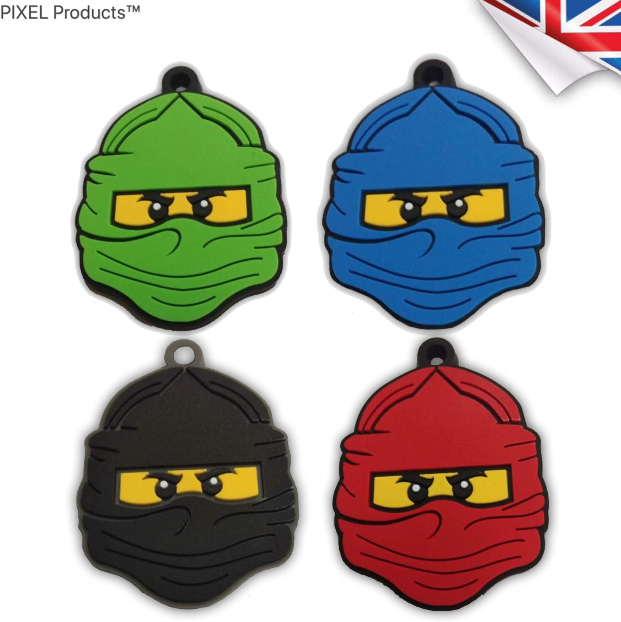 PIXEL Products NINJA themed Single sided Soft PVC keyrings (40mm x 34mm)- Birthday Party fillers, favours, loot supplies (4 keyrings)