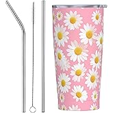 FyLybois Daisy Tumbler with Lid and Straw 20 oz Travel Coffee Mug Double Walled Vacuum Insulated Cup LeakProof for Hot and Cold Drinks