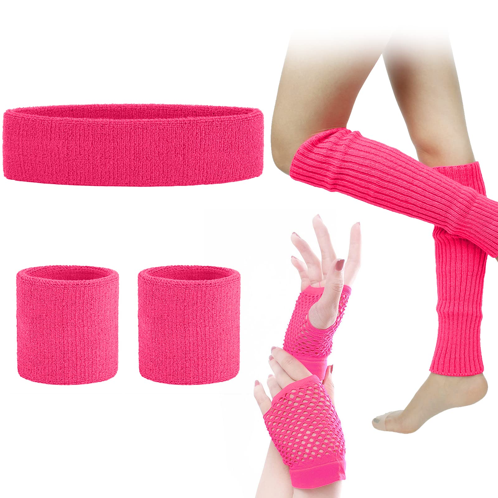SPOKKI Leg Warmers Fishnet Gloves Headband Wristbands Neon Set, 80s Women Fancy Dress Costume Accessories, 1980s Retro Theme Party Costumes (Pink) — image 1