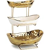 MEIGLQEA 3 Tier Fruit Bowl for Kitchen Counter, Ceramic White Gold Fruit Bowl Fruit Tray with Metal Stand, Tiered Fruit Baske
