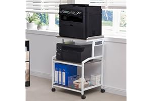 LAUREN HAROLD Lauren&Harold 34'' Printer Stand with Storage Printer Table with Power Outlets and USB Ports, Rolling Printer Cart with Adjustable Shelf, Large Printer Stand with Wheels for Home Office, Grey/White