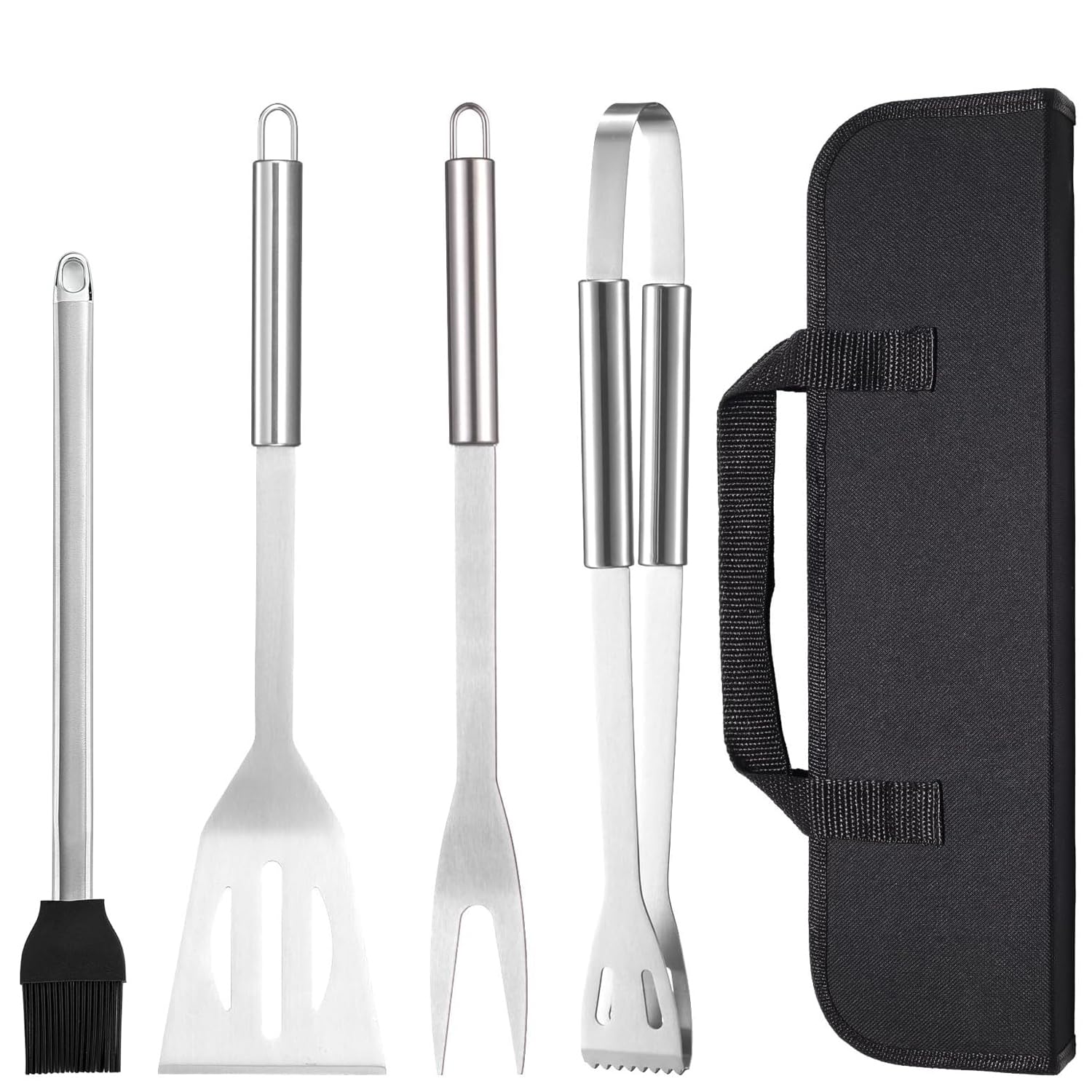 Norhogo 4Pcs BBQ Tools Set, Stainless Steel Outdoor Barbecue Grill Utensils Set with Storage Bags for Picnics for Friends Family included spatula, tongs, cleaning brush and Carry Bagcase