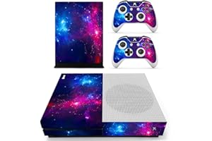 UUShop Protective Vinyl Skin Stickers for Microsoft Xbox One S with Two Free Wireless Controller Decals Purple Blue Galaxy