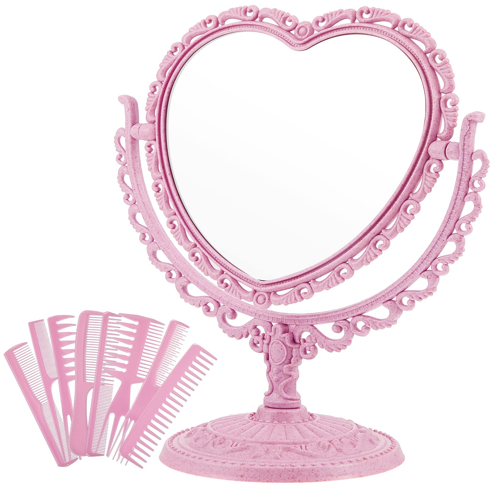 Photo 1 of CHENGU Heart Shaped Mirror 8 Pieces Hair Styling Combs Double Sided Rotatable Dresser Heart Mirror Makeup Gifts for Girls Gift Vanity Tabletop(Pink)