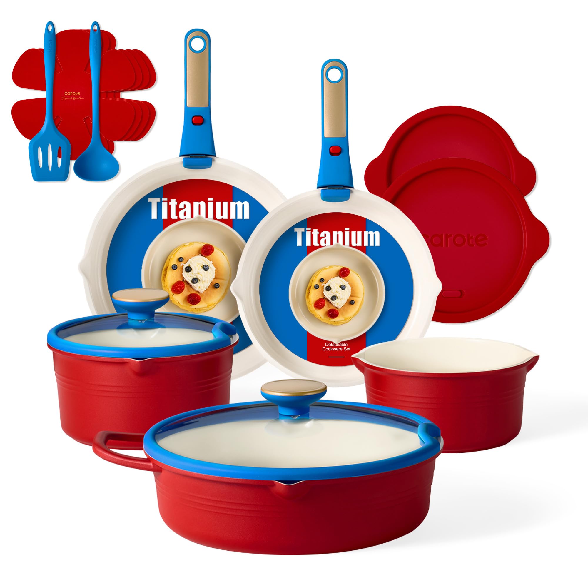 CAROTE 17Pcs Titanium Cookware Set, Pots and Pans Set Non Stick, Kitchen Cooking Set with Detachable Handle, Non Toxic Induction Cookware, Dishwasher/Oven Safe，Memphis Design Image