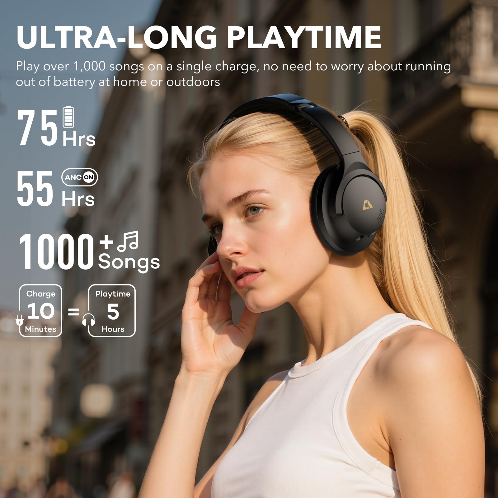 1Mii Y8+ Noise Cancelling Headphones Bluetooth, Wireless LDAC Hi-Res Audio, Custom EQ via App, 75H Playtime, Comfort Fit, Over Ear Headphones Foldable for Airplane Travel Home Office Black
