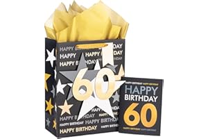Loveinside Birthday Gift Bag with Tissue Paper and Greeting Card for 60 Birthday - 10" x 5" x 13", 1 Pcs, Black Gold