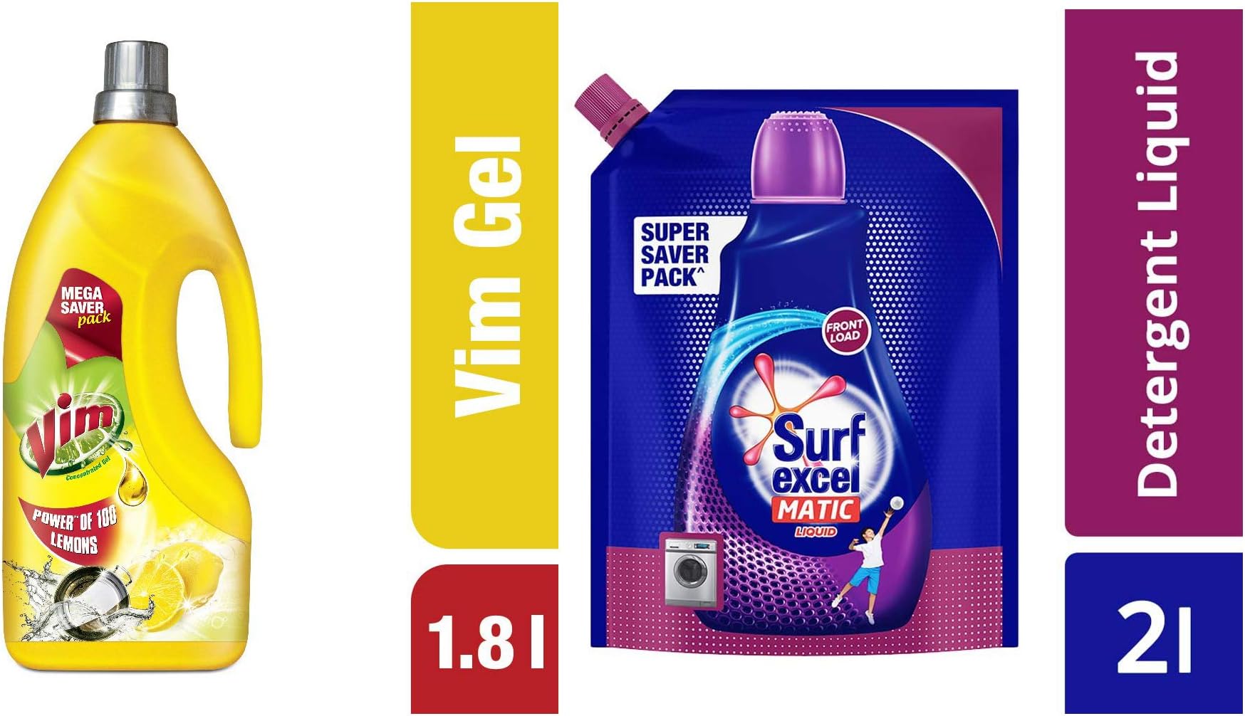 Vim Dishwash Gel, Lemon, 1.8 L & Front Load Matic Liquid Detergent Pouch - 2 L Combo