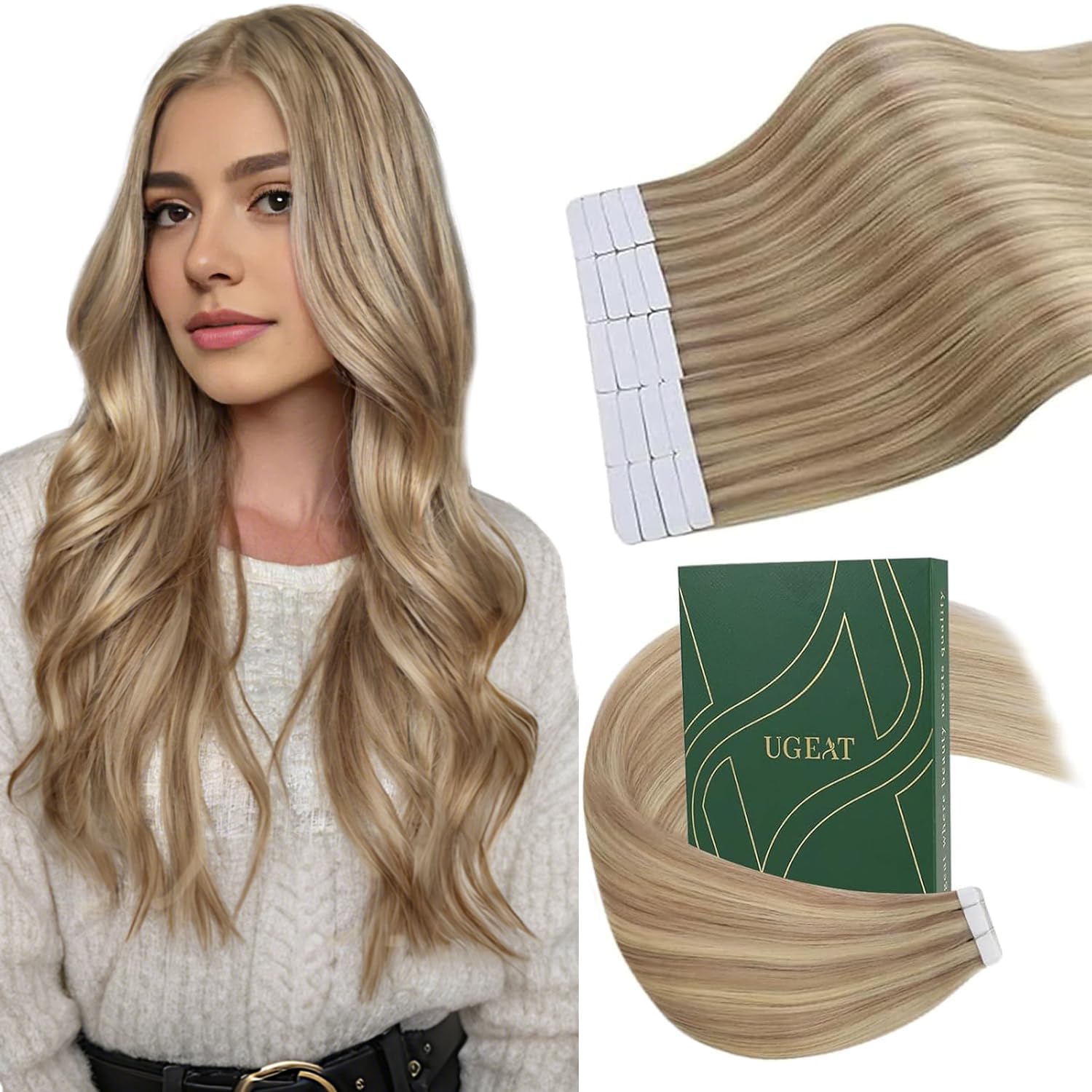 Ugeat Hair Extensions Tape in 12 Inch Natural Color Human Hair Tape in Extensions Golden Blonde Highlight Medium Blonde Lightweight 30G 20Pcs #16/22