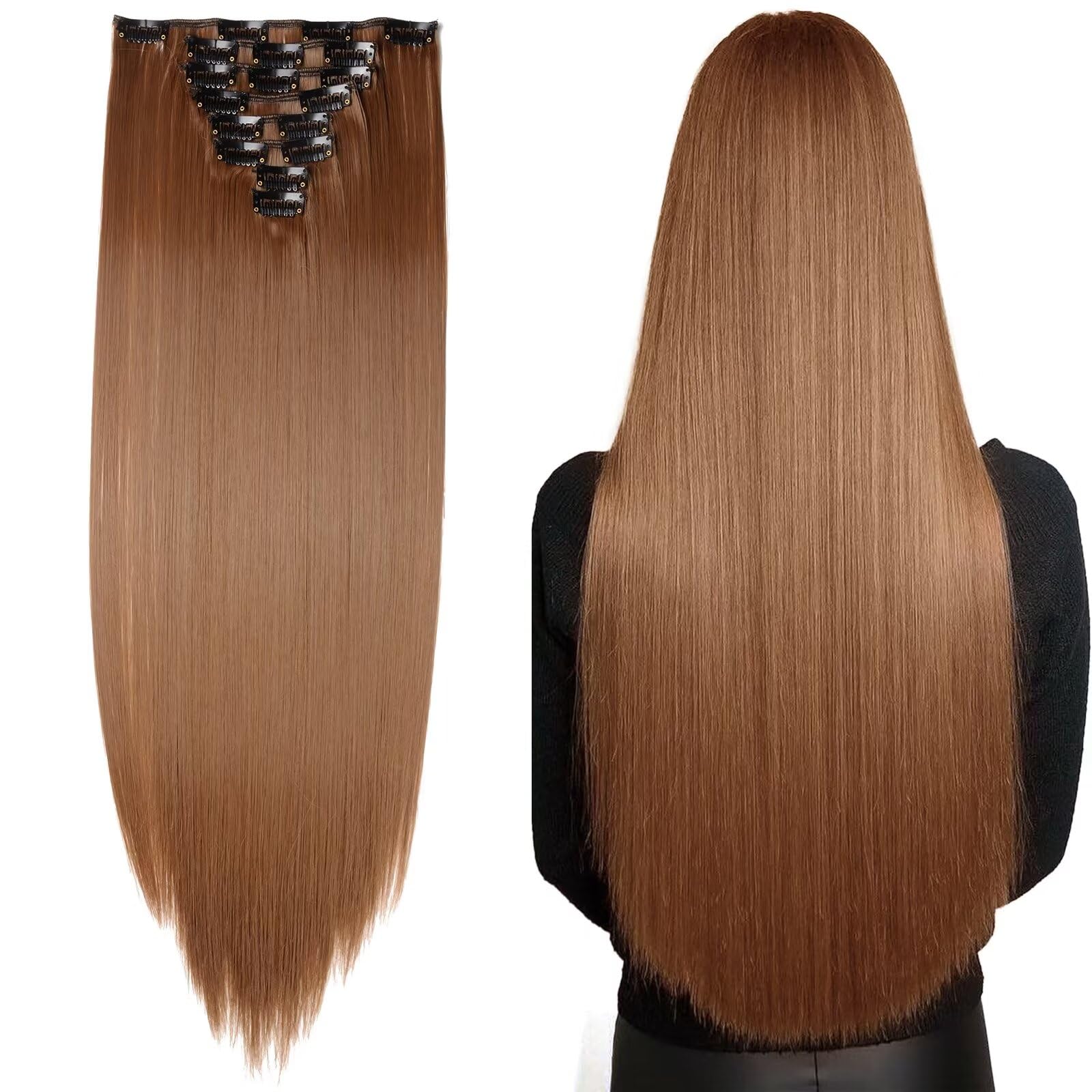 Clip in Hair Extension Brown 23inch Long Straight 8 Pcs Hairpiece Full Head Synthetic Hair [Medium Brown]