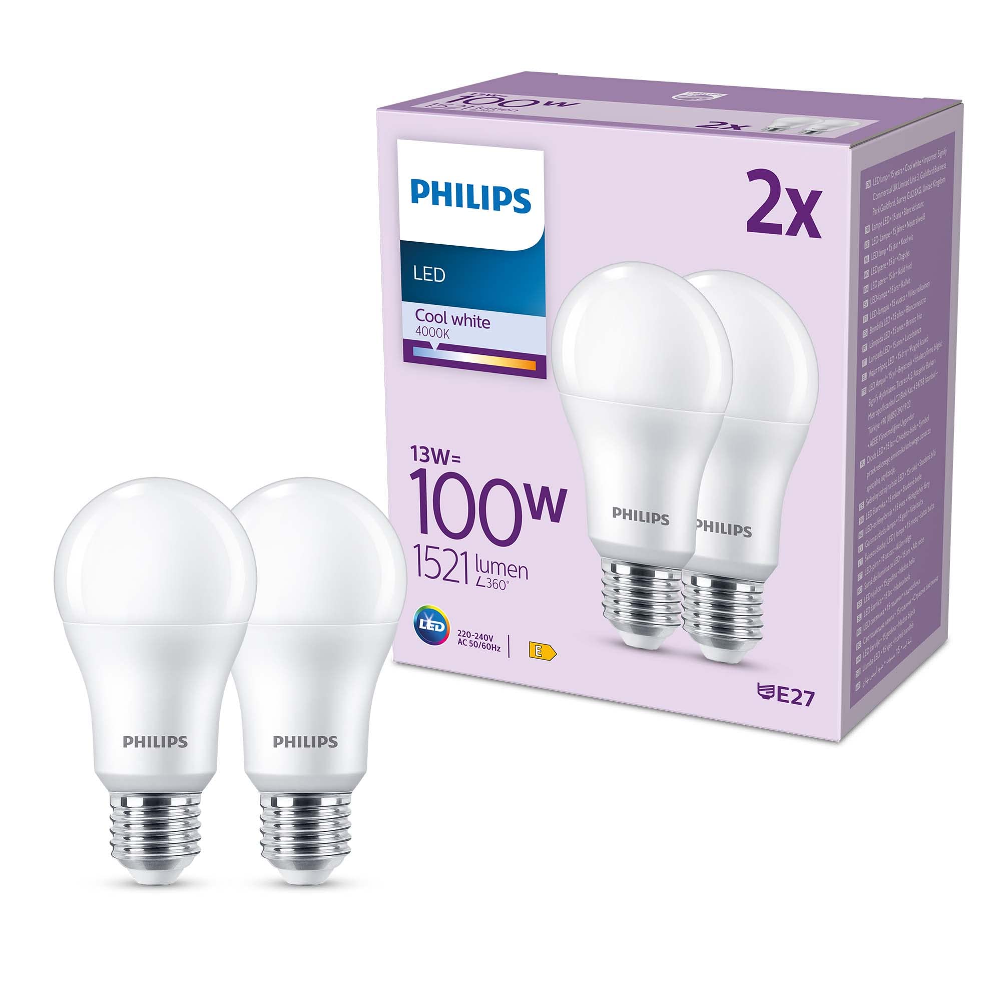 Philips LED Frosted A67 Light Bulb 2 Pack [Cool White 4000K - E27 Edison Screw] 100W, Non Dimmable. for Home Lighting, LED 100W A67 E27 CW FR ND 2PF/6 AM, Value Range