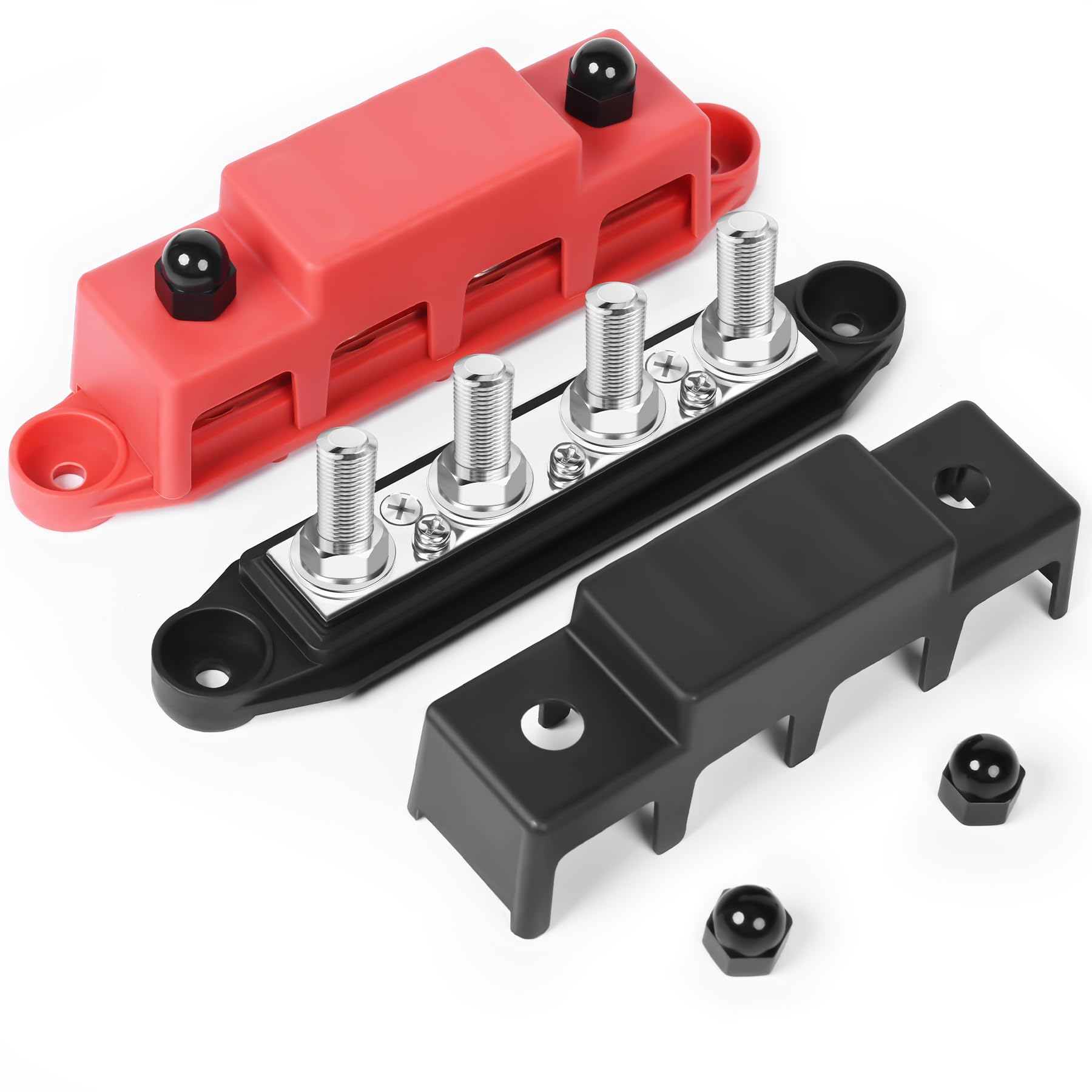 Photo 1 of Bus Bar 12v Power Distribution Block 250A Bus Bar with 4 x 3/8" Studs Marine Battery Busbars Terminal Ground Distribution Block with Cover for Automotive, Boat, Car, Solar Wiring (Pair, Red & Black)