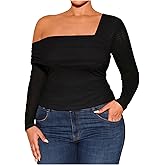 MakeMeChic Women's Plus Size Asymmetrical Neck Long Sleeve Ruched Fitted Tee Shirt Tops