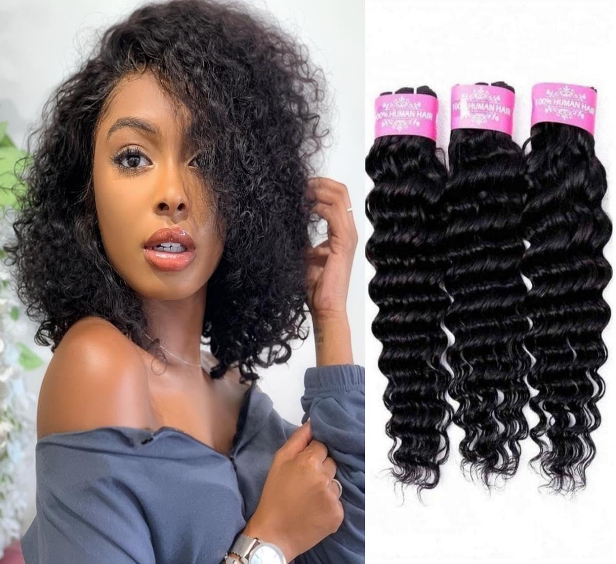 Sexycat Deep Curly Human Hair Bundles 12 14 16 Inch 100% Unprocessed Brazilian Virgin Hair Extensions Water Wave Weave Bundles Human Hair Natural Color — image 1