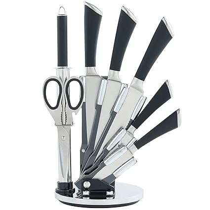 GETKO WITH DEVICE Professional Stainless Steel Kitchen Knife Set with Rotating Black Stand, Black (7-Piece Set)