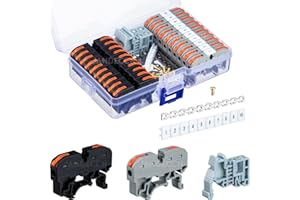 JANDECCN DIN Rail Terminal Blocks Kit, 20pcs Universal Compact Wire Connectors + 2pcs Connection Bar + 2pcs Marker Strip + 2pcs Terminal End Stopper + 20pcs Screws for 24-12 AWG