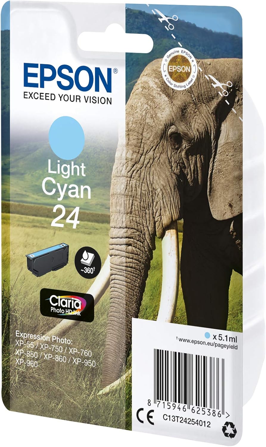 Epson 24 Light Cyan Elephant Genuine, Claria Photo HD Ink Cartridge, Standard Capacity - Image 3