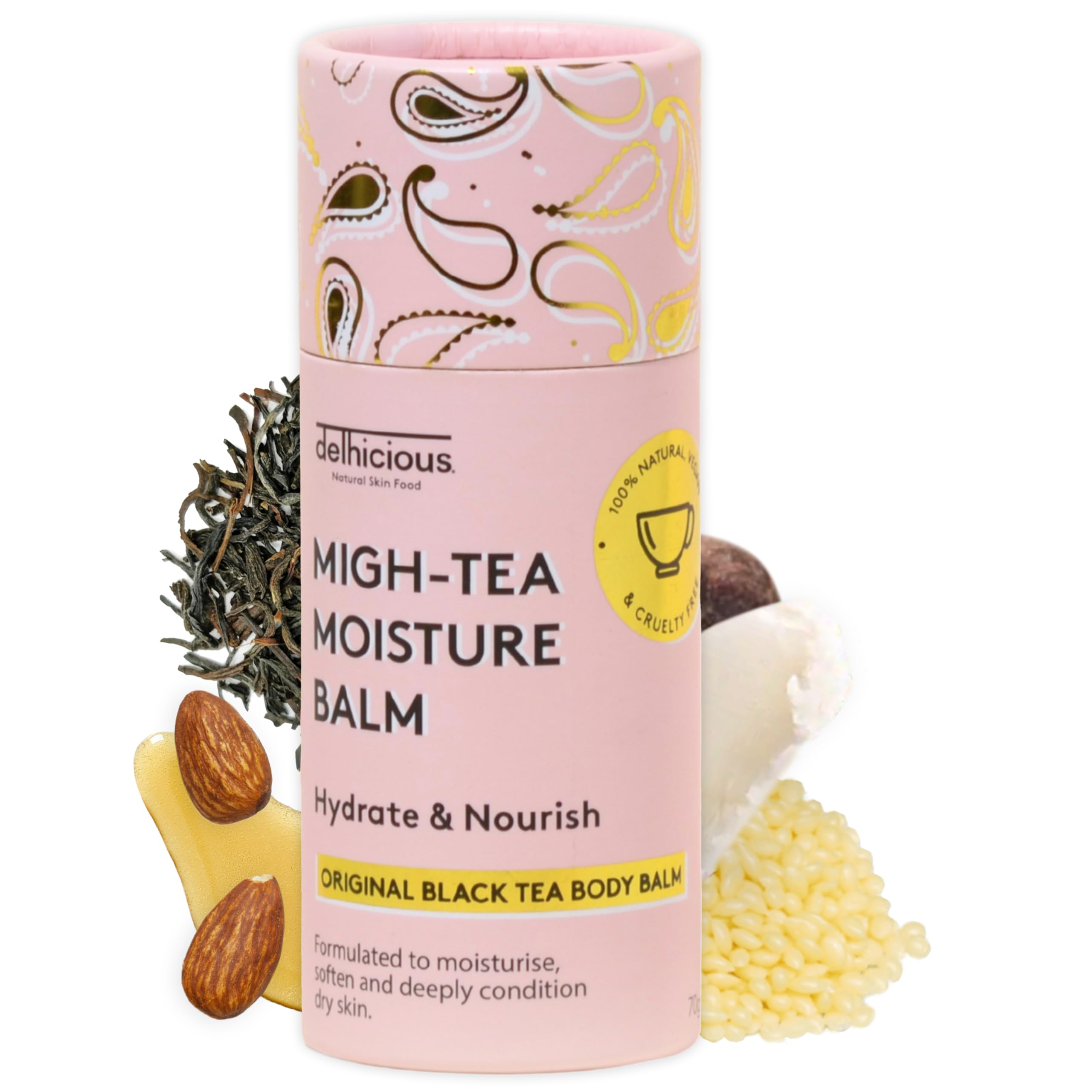 Delhicious Migh-Tea Moisture Body Balm for Very Dry Skin - Eczema Relief, Psoriasis Treatment - Nourishing Shea Butter Moisturiser - Natural, Vegan, Ayurveda Body Butter with Almond Oil - 70g