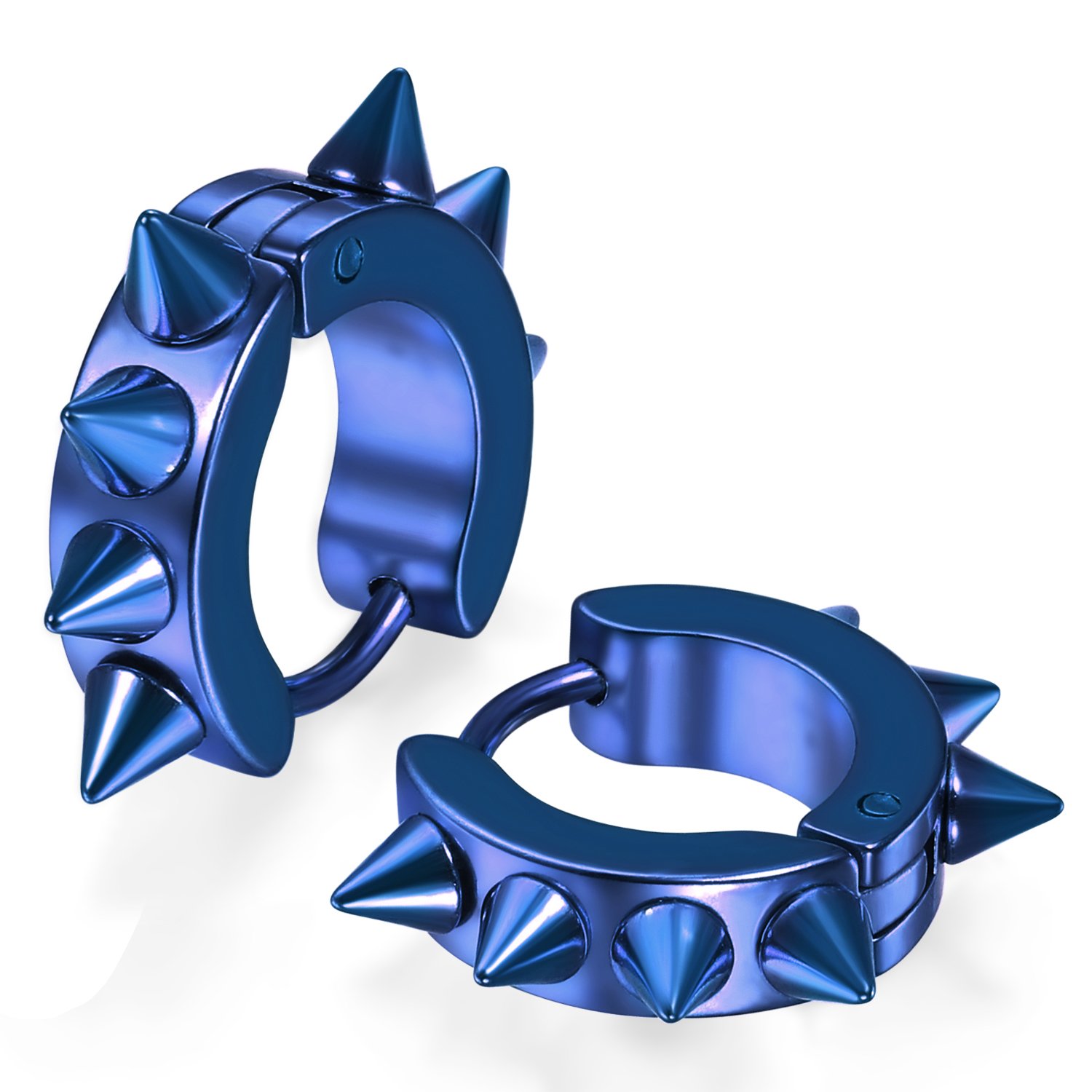 JewelryWe Pair of Spikes Studded Surgical Blue Stainless Steel Punk Spiky Round Huggie Hoop Earrings Set for Men Women, 2pcs
