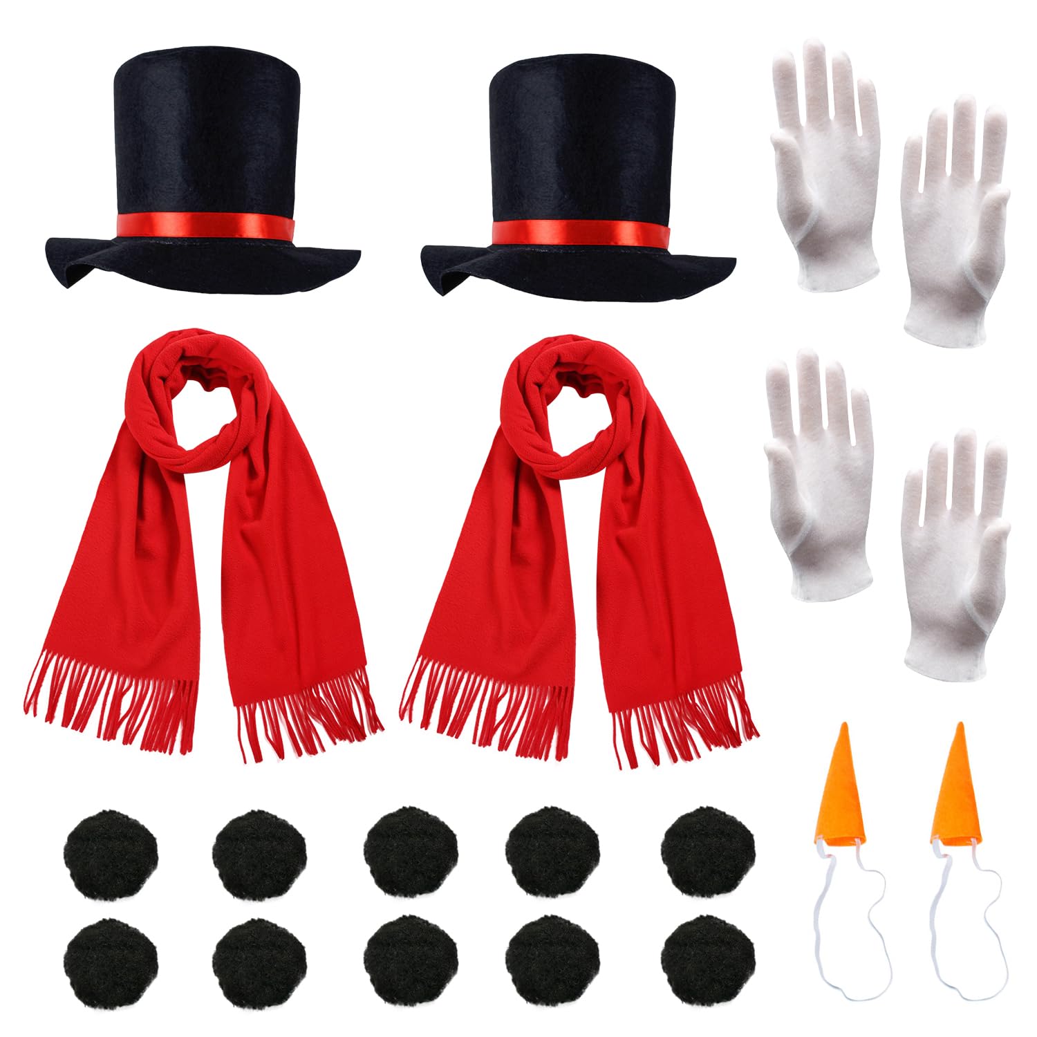 Lezevn 18Pcs Snowman Costume Kit Christmas Fancy Dress Black Top Hat Carrot Nose White Gloves Black Wool Balls for Party Cosplay