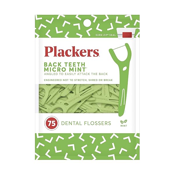 PLACKERS BACK TEETH MICRO MINT DENTAL FLOSSERS, DELICIOUS MINT FLAVOR, 75 COUNT, PROVIDES EASY ACCESS FOR BACK TEETH, BUILT-IN PROTECTED PICK, EASY STORAGE, 75 COUNT