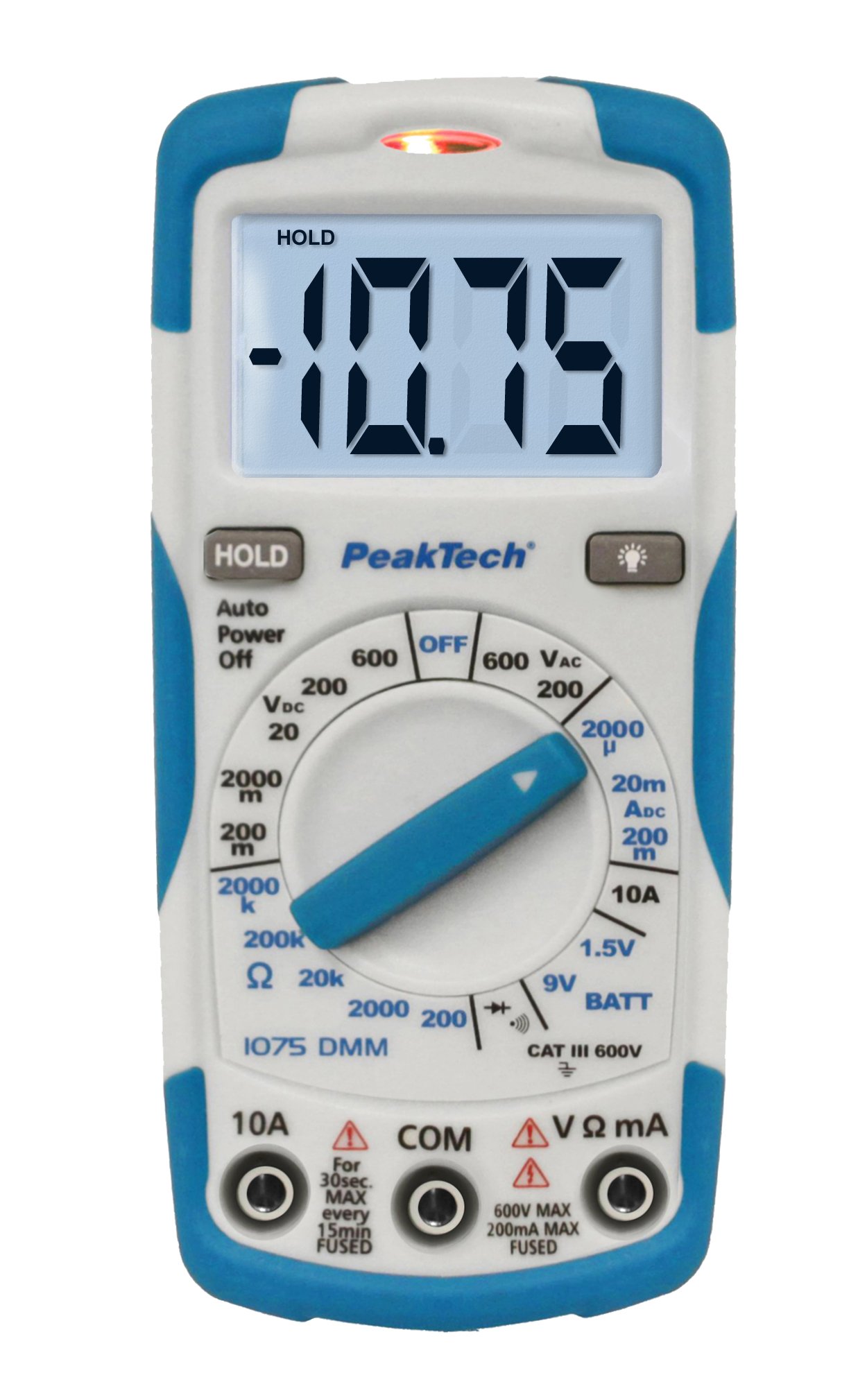 PeakTech 1075 - Digital Multimeter CAT III with illuminated LCD screen, Battery Tester, Portable Multimeter, Electronic Ammeter, Continuity Tester, Voltmeter, Contactless, AC/DC, Data Hold - Max 600V