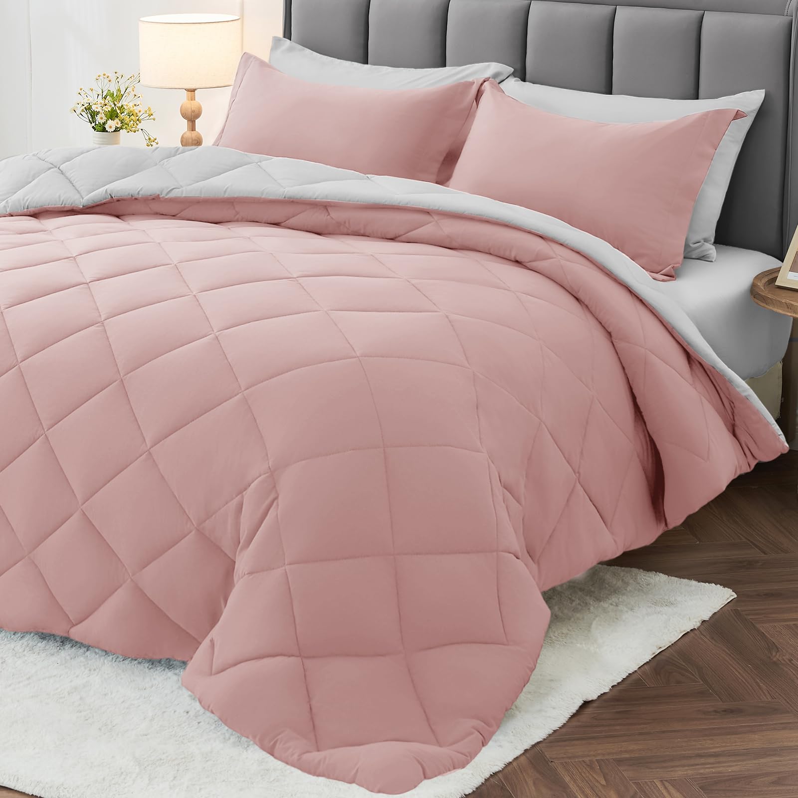 MUXHOMO 5 Pieces Twin XL Comforter Set, Reversible Bed in a Bag Twin XL Size, All Season Bedding Set with Comforter, Flat Sheet, Fitted Sheet, Pillowcases & Shams, Pink & Light Grey Image