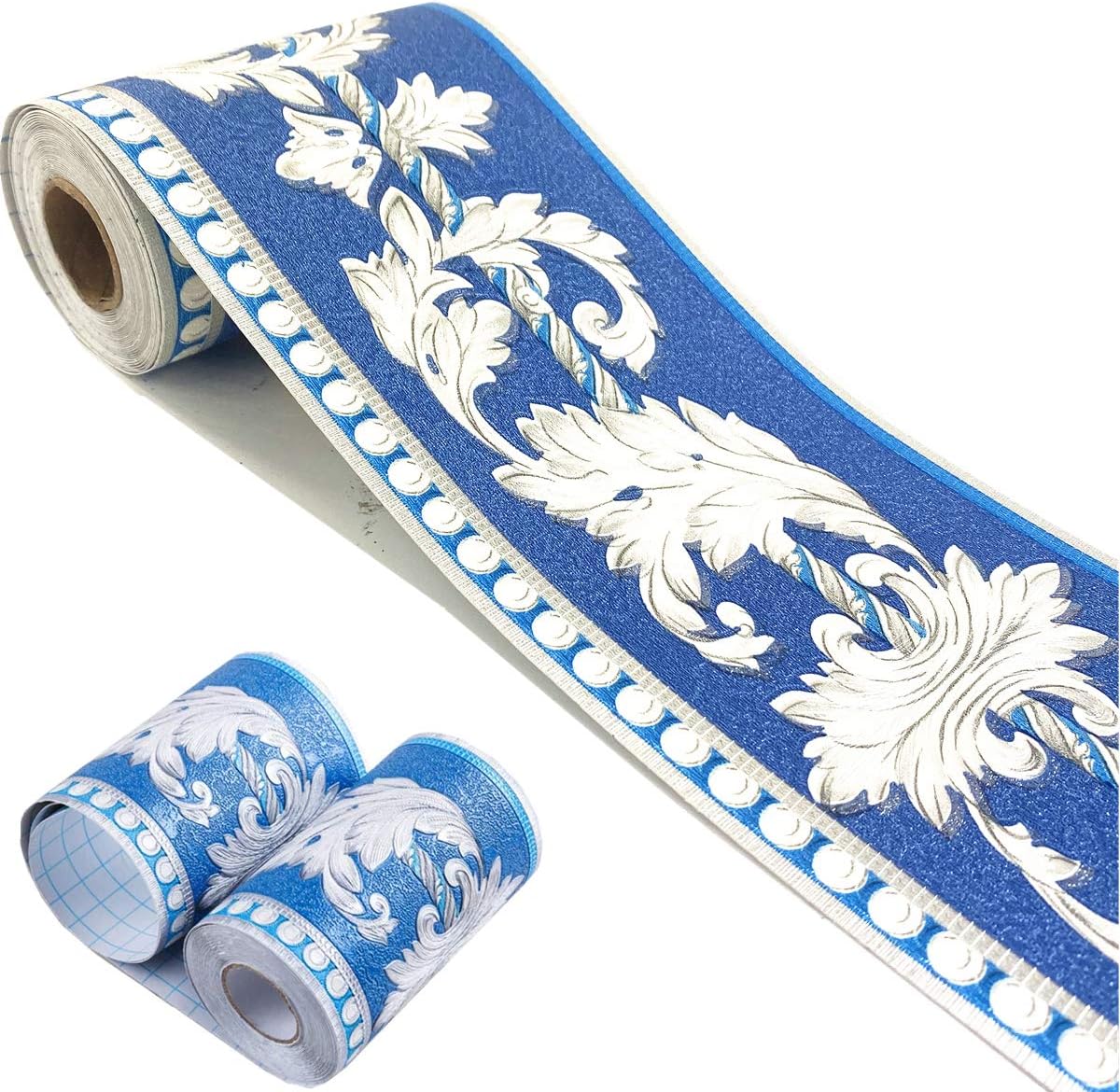 Mesoar Elegant 3D Sky Blue Floral Wallpaper Border Wall Peel Stick Molding Border Home Ceiling Sticker for Bathroom Living Room Kitchen Wall 10cm by 16.4ft