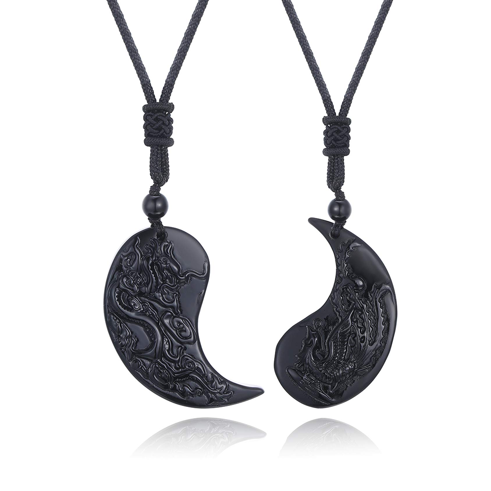 Thajaling 2 Pcs Obsidian Yin Yang Pendant Personalized Engraving Dragon Phoenix Jewelry Necklaces for Couples