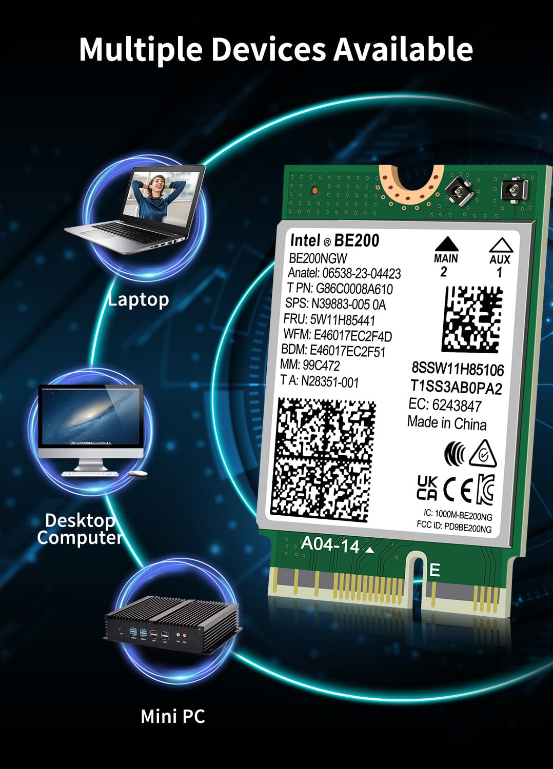 WiFi 7 Wireless Card Intel BE200 NGW, Bluetooth 5.4, 5800Mbps M.2/NGFF Network Support Windows 10/11 (64bit), Linux, Not Support AMD, Only Supports Intel 12th Generation and Above CPUs.