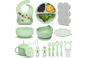 HEPOTK 16 Pack Silicone Baby Feeding Set, BPA-Free Baby LED Weaning Supplies, Include Suction Plates, Baby Bowls, Silicone Fork & Spoon, and More, First Stage Baby Food Eating Utensils - 6+ Months(Green, 16)
