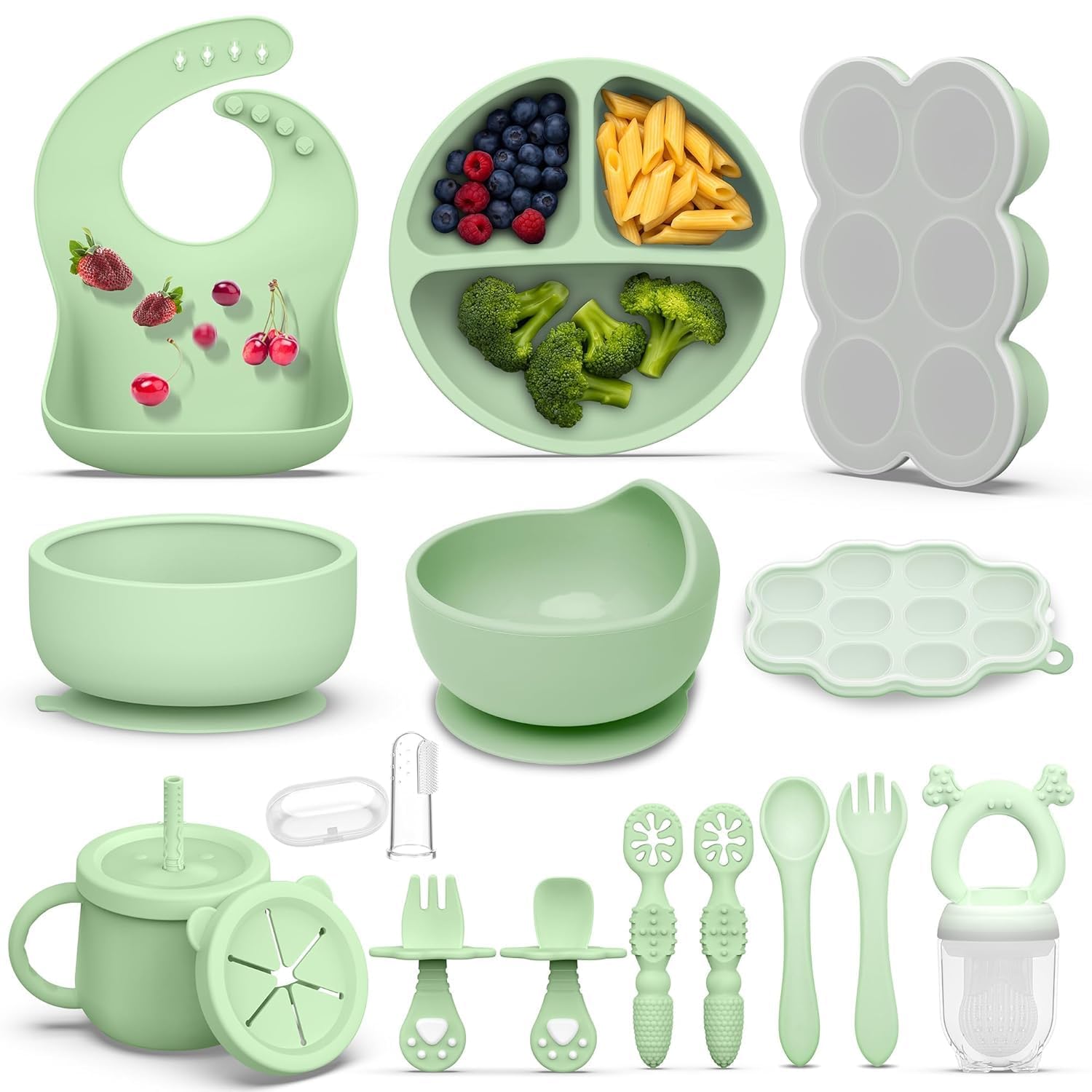 Photo 1 of 16 Pack Silicone Baby Feeding Set, BPA-Free Baby LED Weaning Supplies, Include Suction Plates, Baby Bowls, Silicone Fork & Spoon, and More, First Stage Baby Food Eating Utensils - 6+ Months(Green, 16)