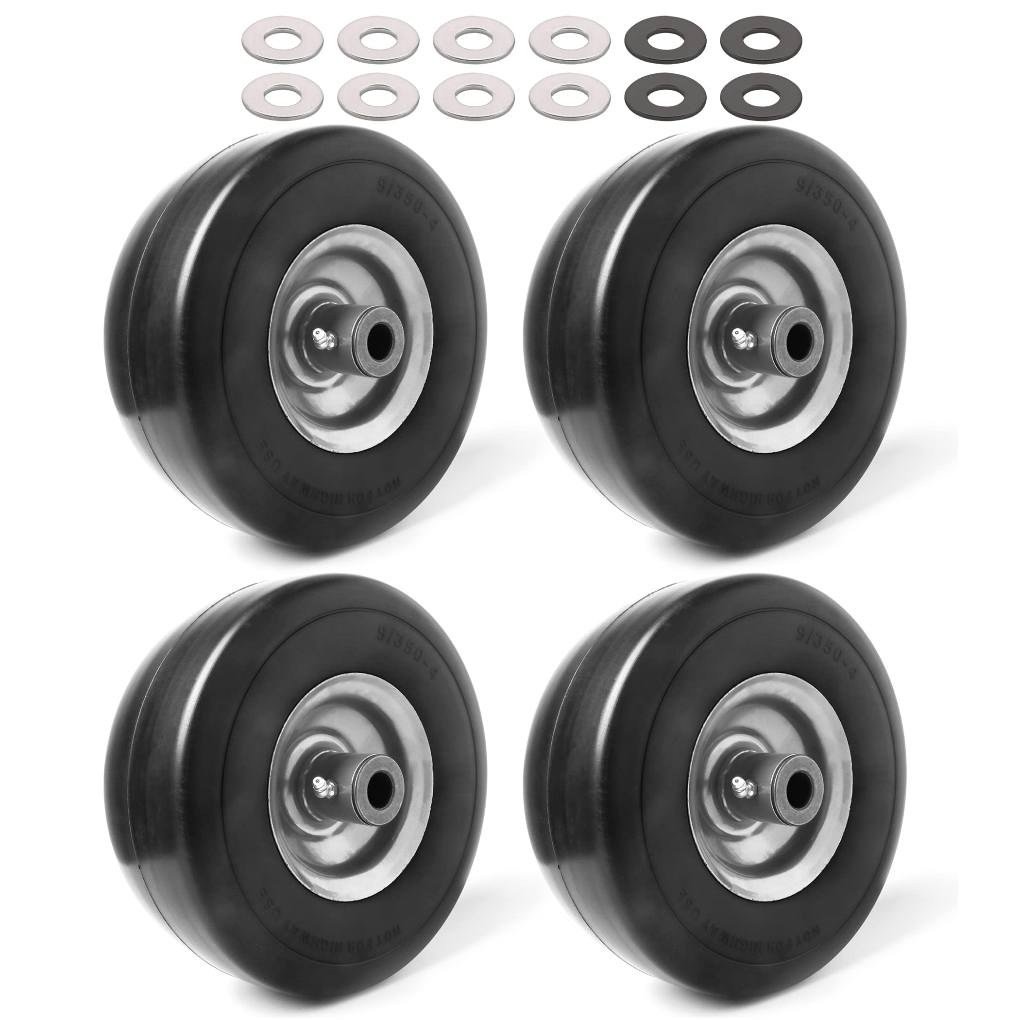 Photo 1 of (4-Pack) 9x3.50-4” Flat Free Lawnmower Tire with 4" Centered Hub, 3/4" Bushings and Wheel Assemblies - PU Tire on Wheel and Adapter Kits