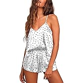 Ekouaer Silk Pajamas for Women Satin Cami Pjs Set V Neck Camisole Shorts Set Adjustable Strap Sleepwear