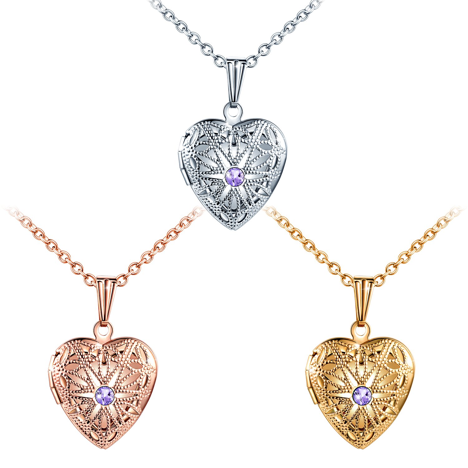 MicLee Ladies Necklace Photo Locket Pictures Amulet Purple Cubic Zirconia Heart Pendant Necklace Stainless Steel with Gift Box Greeting Card