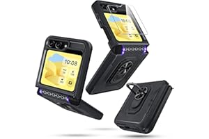 Janmitta for Samsung Galaxy Z Flip 5 Case Built in Front Screen Protector+Hinge Protection+Finger Ring Metal Kickstand,Heavy Duty Shockproof Full Body Protective Cover,2023 Black Matte