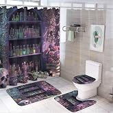 LCFFYHSM 4-Piece Gothic Skull Bottle Rose Bathroom Shower Curtain 72 X 72 Inch, Succulent Ivy Book Resistant Water Home Decor Include Bath Mat Toilet Lid Cover Non-Slip Rug with 12 Hook