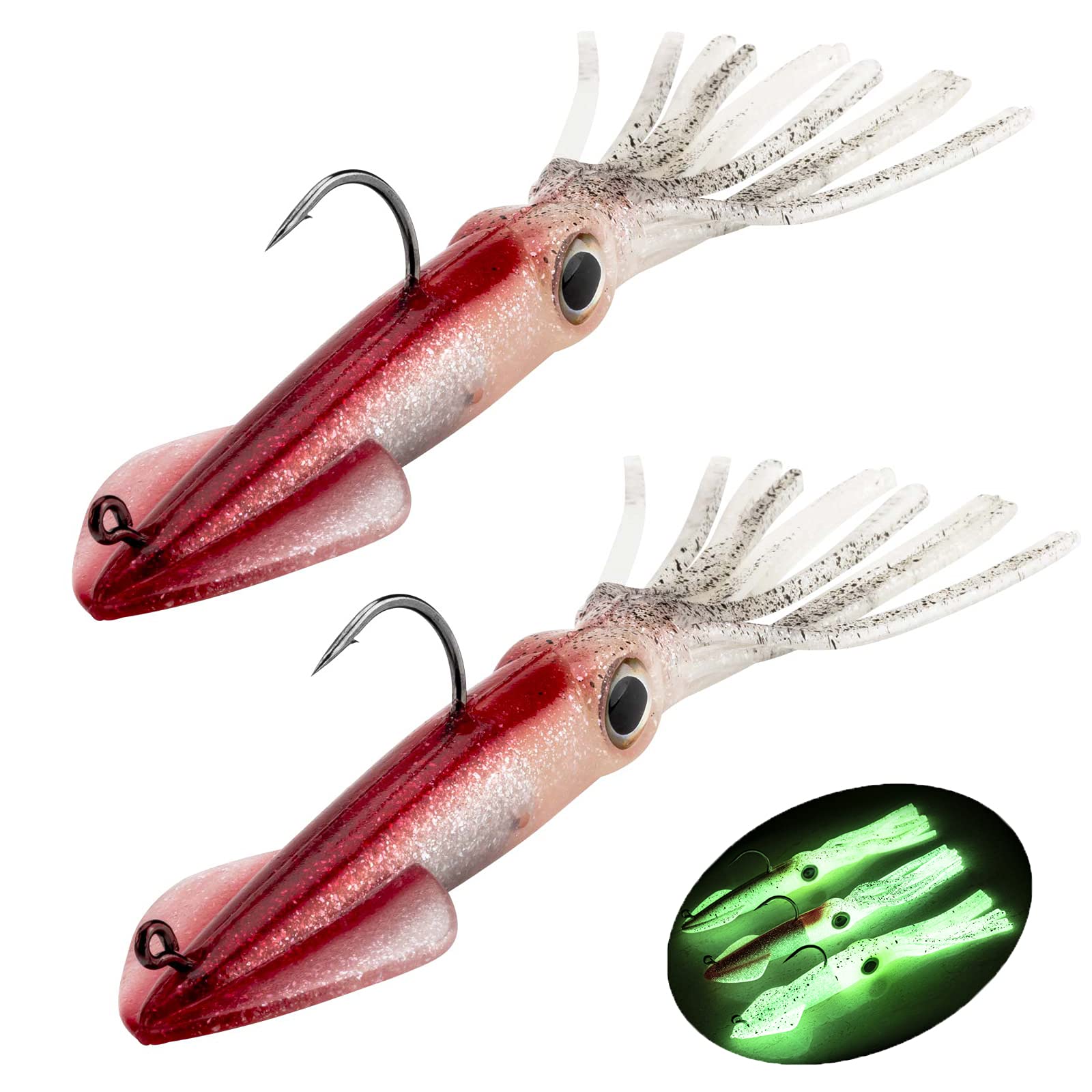 Fishing Squid Lures Kit Pre-rigged Squid Lure Glow In the Dark Squid Jig Octopus Artificial Bait Saltwater Sea Fishing Lures Sinking Lure 35g 2Pcs (E -2Pcs)